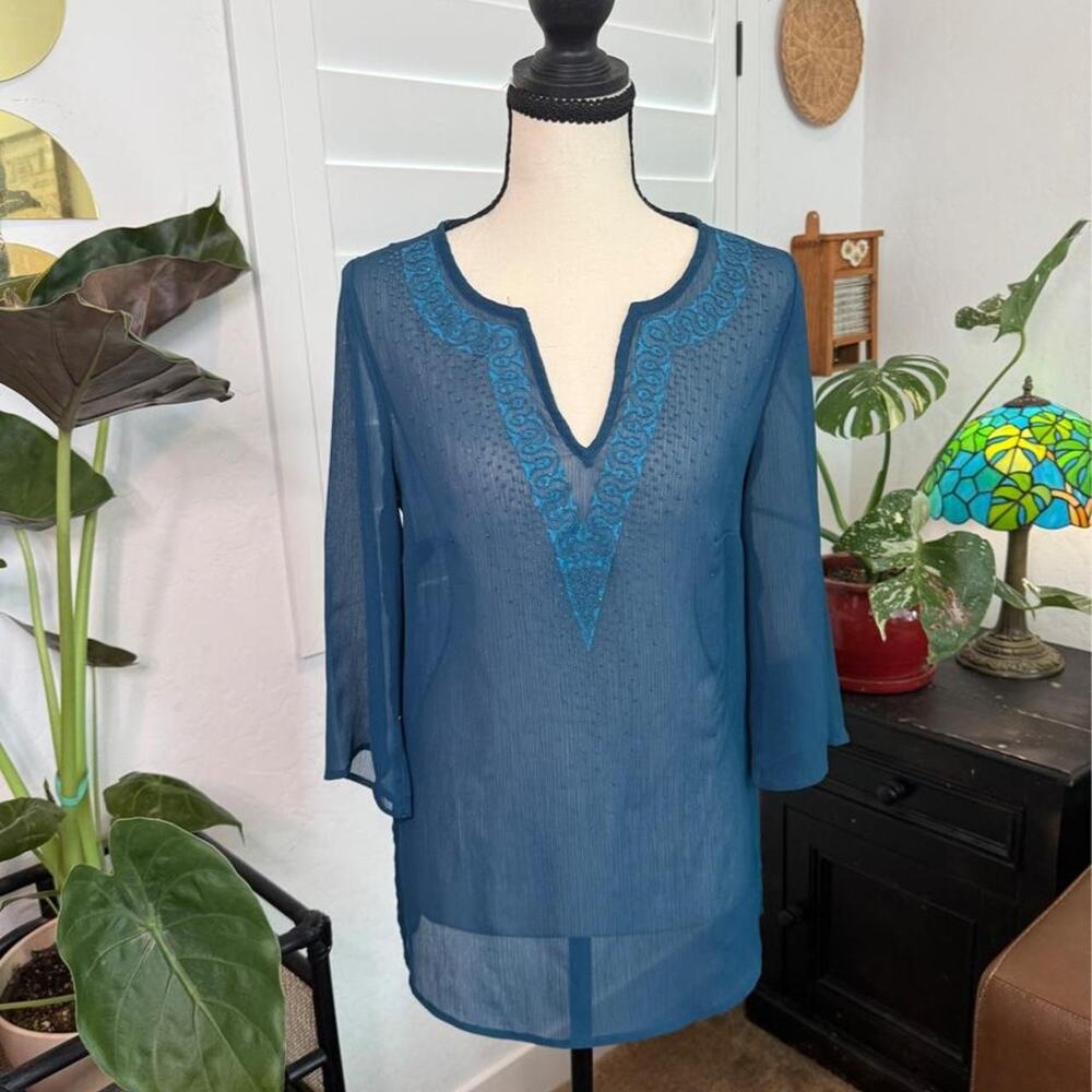 Y2K Boho Fairy Teal Blue Sheer Beaded Chiffon Tunic Blouse Boho 3/4 Sleeve Top